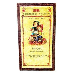 Vintage Kitschy 70s Zodiac Libra Horoscope Hummel Style Wood Wall Hanging Plaque
